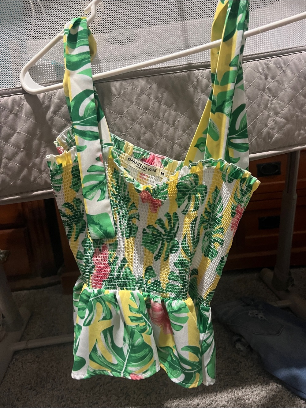 Chance or Fate Tropical Smocked Ruffle Tank Top - Green, Yellow, White